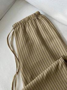 1 pieza Pantalones casuales de mujer a rayas amarillas, tela de burbujas arrugada, cintura súper baja con cordón, pantalones rectos de ajuste relajado, casual y romántico - Caqui - Ver 3