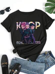 Camiseta gráfica K-Pop para mujer - Diseño "DEMOC" con personaje de cabello rosa, camiseta casual negra de cuello redondo para primavera, verano y otoño, moda diaria, talla estándar, camiseta para uso diario.| Ropa Casual| Comfortable Fit, Short Violet Cosplay Wigofertas playera de hombretops sudaderas para mujer Y2k Camiseta Camisa De - Negro - Ver 10