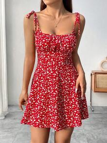 Vestido de tirantes con pliegues en el busto con estampado floral para ropa de Año Nuevo, vestido corto mini para mujeres - Rojo 2 - Ver 6
