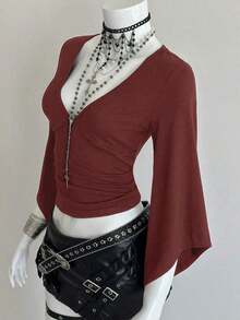 Camiseta ajustada con cuello en V profundo y mangas acampanadas sexy - Burdeos 2 - Ver 1