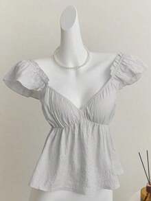 Top corto de camisola con escote bajo y espalda descubierta, con manga tipo gorra y volantes en azul, diseño sexy - Gris Claro 2 - Ver 3