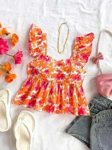 Blusa de corte de línea A con cuello cuadrado, manga corta y estampado retro azul y blanco, adecuada para fiestas, citas, el Día de San Valentín, el té de la tarde - Naranja - Ver 6