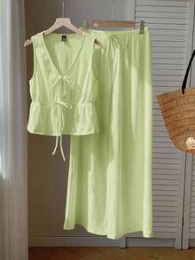 Conjunto de 2 piezas casual para mujer con top de cuello en V y pantalones en punto liso negro - verde menta - Ver 6