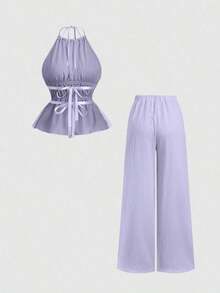 Conjunto de 2 piezas estilo francés relajado con camiseta sin mangas de cintura ceñida y pantalón ancho de pierna holgada, un conjunto de moda para mujeres - Morado - Ver 2