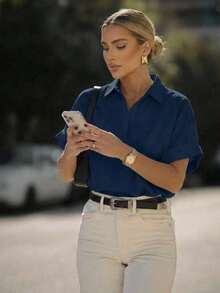 Blusa de Mujer de Diseño Francés Elegante y de Alta Gama con Manga Holgada Tipo Murciélago y Cuello Reversible - azul real - Ver 3
