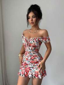 Vestido con estampado floral, volantes y bajo sexy para mujer - Naranja 2 - Ver 6