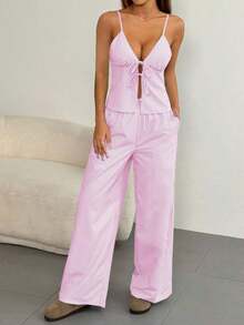 Conjunto informal de 2 piezas con top de tirantes con nudo delantero y rayas y pantalones para mujer - Rosa - Ver 4