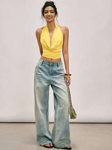 Blusa elegante y sexy de mujer con cuello drapeado y espalda descubierta de unicolor - amarillo ganso - Ver 10