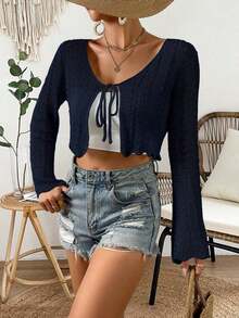 Cárdigan de punto calado de color liso casual para vacaciones - azul real - Ver 3
