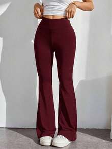 Pantalones con cintura alta de color liso y corte acampanado - Burdeos - Ver 4