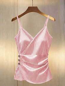 top de tirantes finos con volantes y rayas, decoración con botones y cruce delantero, para mujer, primavera/verano - Rosa - Ver 5