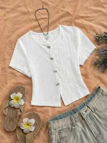 Blusa casual de mujer con manga corta, bordado de malla y lazo con botón - Blanco - Ver 5