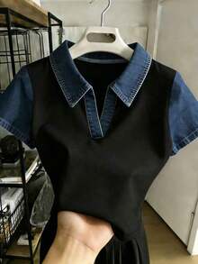 Camiseta de mujer casual y versátil con cuello polo y mangas cortas en bloques de color, regalo para ella / regalo de vacaciones - Multicolor 5 - Ver 1