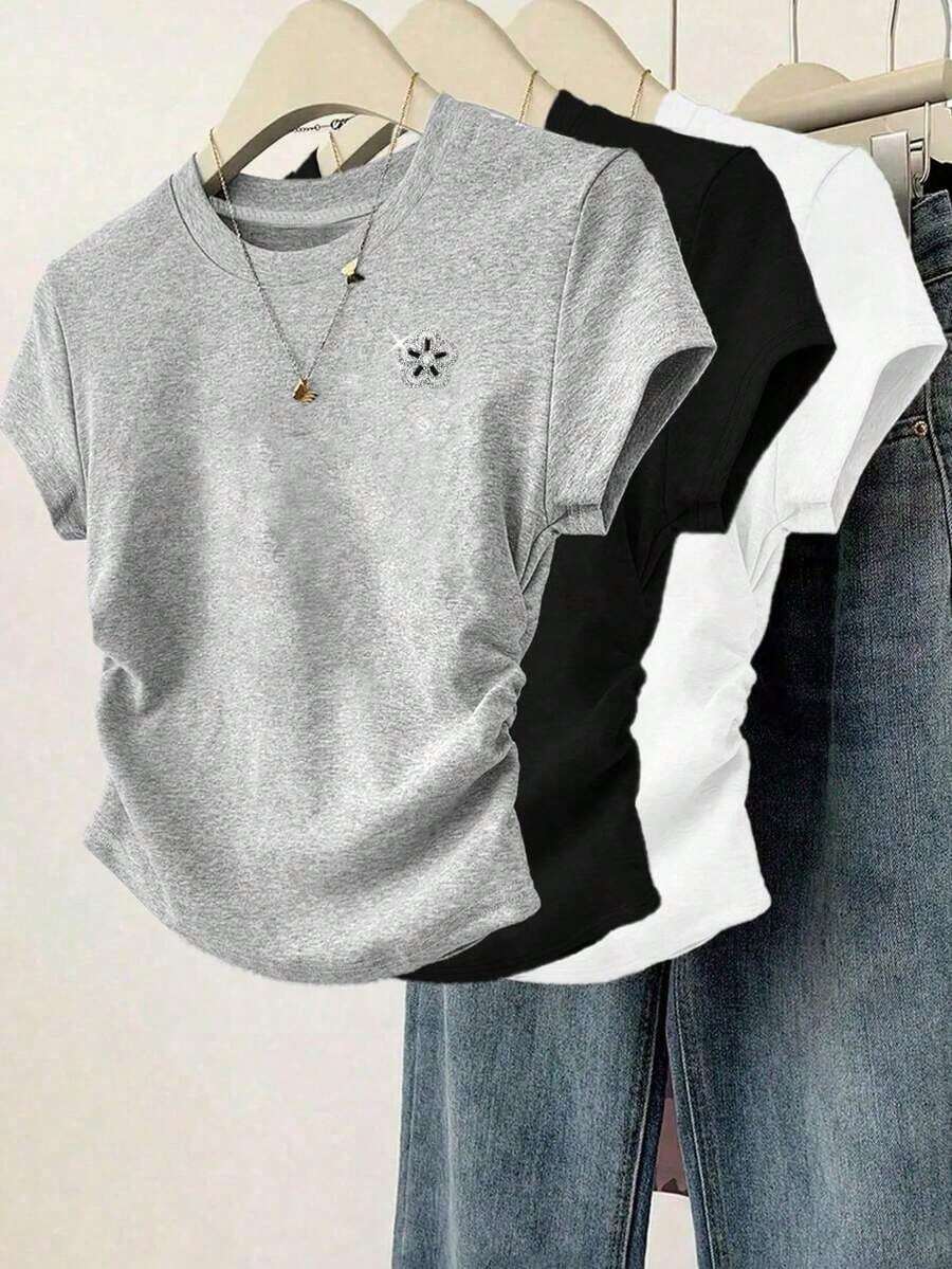 Set de 3 camisetas de mujer de manga corta, cuello redondo, unicolor, con detalle de volantes y estampado de mariposa, de estilo casual y slim para el verano - Multicolor 2 - Ver 1