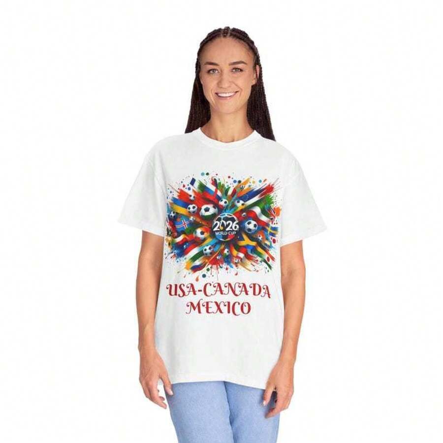 Camiseta Unisex de Cuello Redondo, Holgada y Casual, de Algodón Puro, con Patrón de Bandera de la Copa Mundial de Fútbol 2026, Nuevo Modelo de Exportación - Blanco - Ver 1