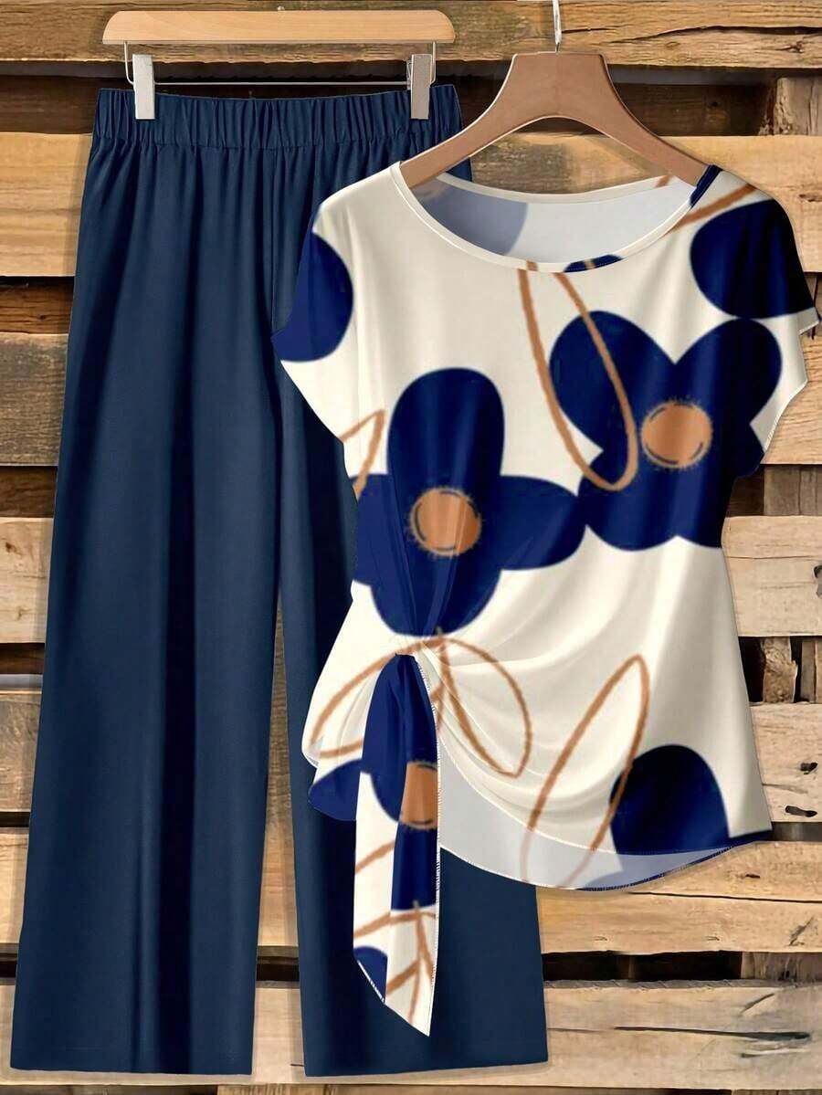 Clasi Conjunto de 2 piezas de blusa con moño elegante y minimalista en color rosa, combinada con pantalones de pierna ancha con estampado floral, adecuado para el verano - Multicolor 7 - Ver 1