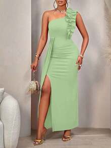 AIJ Vestido elegante de corte asimétrico con hombro descubierto, diseño fruncido y volantes, sin mangas, para mujer, unicolor, para fiestas, citas, fiestas de solteros, cenas formales o eventos de gala en otoño e invierno 2024 - Verde - Ver 5
