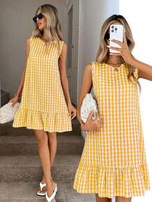 Vestido de verano estilo bohemio con cuello redondo sin mangas y corte evasé a dos colores a cuadros, vestido esencial para vacaciones y uso diario al aire libre - Multicolor - Ver 7