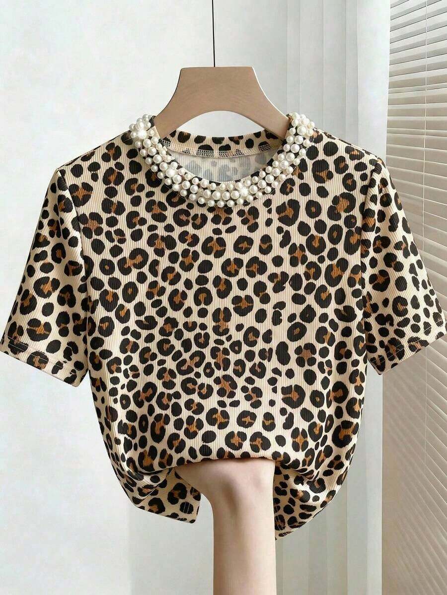 Camiseta de manga corta con cuello redondo ajustado, con cuentas y acanalada, elegante para mujeres - Caqui - Ver 1