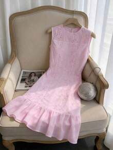 Vestido camisero elegante y romántico para mujer, con cuello redondo, sin mangas, plisado de gasa y bajo en línea A, color blanco - Rosa - Ver 1