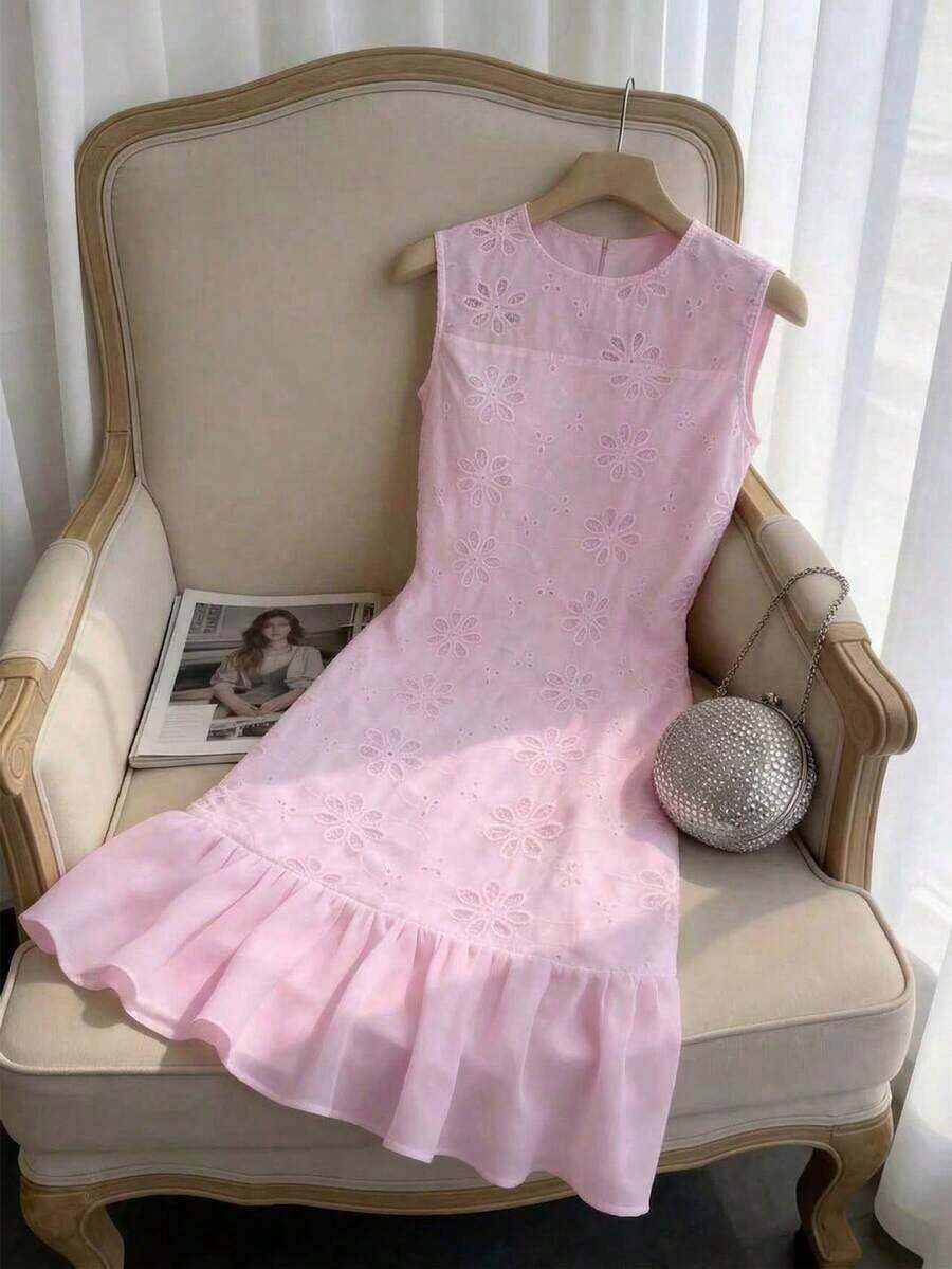 Vestido camisero elegante y romántico para mujer, con cuello redondo, sin mangas, plisado de gasa y bajo en línea A, color blanco - Rosa - Ver 1
