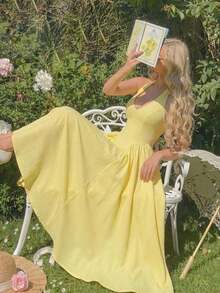YHHSHEIN MOD Vestido largo con corbata de cuello de unicolor y estilo minimalista para mujer, uso casual diarioYHH - Albaricoque - Ver 9