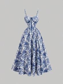 MOD Vestido con estructura de corsé con contraste de rayas azul y blanco en la cintura, estampado floral en el bustier, atuendo de vacaciones para mujer, vestido de verano, atuendo de campo, ropa de playa, vestido de verano, vestido de Pascua para mujer, vestidos de verano para mujer, vestido de fiesta de té - Azul y blanco - Ver 5