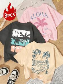 Graphic Tee Set. Single Garment, Not A 3-Piece Set. 1 Piece/Set Of Long-Sleeved Tees Suitable For Streetwear. Oversized Crew Neck Top For Daily Outings, Camping, Concerts, Hip-Hop, Rock, And Rap Events With A "Coastal Granny" Aesthetic, Aloha And Marsh Prints, Loose And Comfortable Fit, Retro Y2K Style, Casual And Loose Tees With A Cool Girl Aesthetic, Tropical Vacation Vibes For Summer - 黑色 - 查看 8