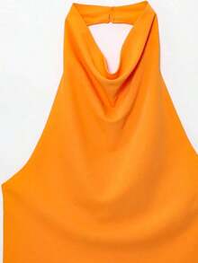 Camiseta sin espalda de satén negro para mujer, Camiseta de tirantes para playa de verano para mujer, Camiseta de tirantes finos con hombros descubiertos de color rosa para mujer - Naranja - Ver 4
