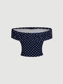 Blusa elegante de mujer con lunares y malla versátil, ideal para vacaciones de verano - Azul marino - Ver 8