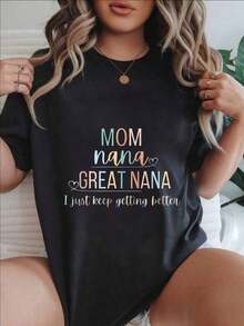 Camiseta Casual de Manga Corta para Mujer - Mamá, Nana, Gran Nana, Sigo Mejorando, Cuello Redondo, Top de Verano, Lavable a Máquina, Camisetas para Damas, Ropa Casual, Estilo Moderno, Ajuste Cómodo  
 Negro - Negro - Ver 7