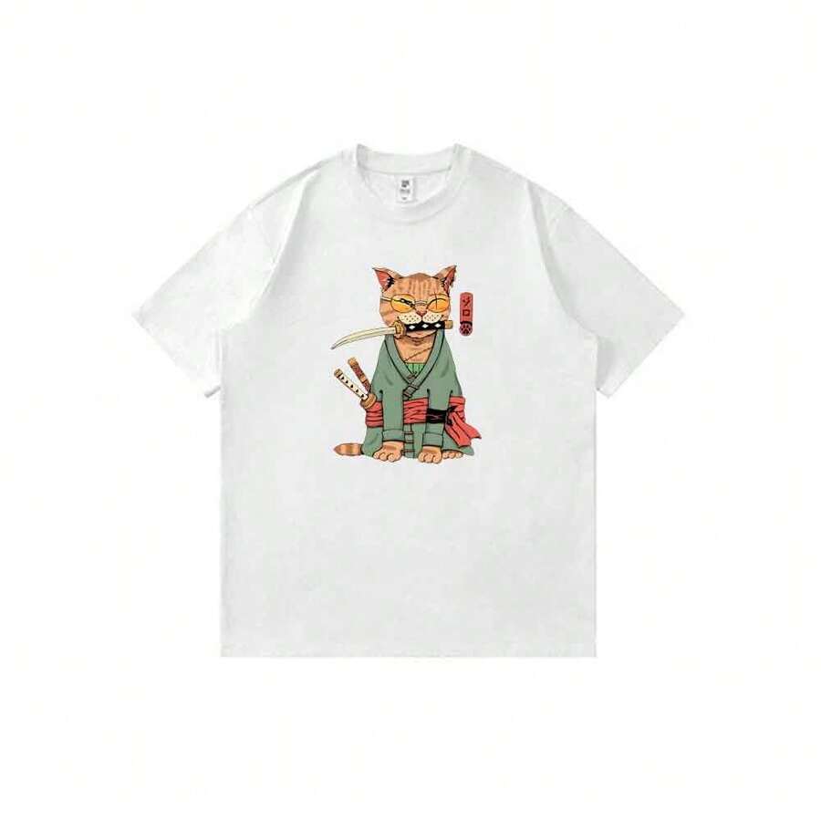 Camiseta unisex de manga corta informal de corte holgado con estampado de dibujos animados de anime estilo años 90 de One Piece - Portgas D'Ace Fire Fist - Blanco - Ver 1