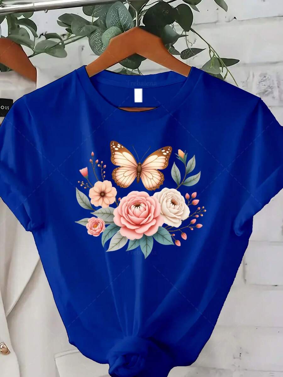 Classic Plus Size - Plus Size - Modern Design T-Shirt, Suitable For Plus-Size Women, With A Butterfly And Flower Print, Perfect For Casual Summer Wear. This Short-Sleeved, Crew-Neck T-Shirt In A Bohemian Style Is An Ideal Choice For Summer And Fall. A Bestseller. - 藍色 - 查看 1