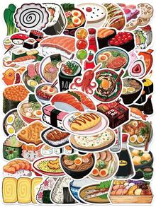 55张日式美食主题贴纸，寿司、拉面等可爱卡通图案，美味小吃装饰贴纸，适用于美食日记、相册、餐具盒、厨房墙面装饰 - 1 Set - 查看 1