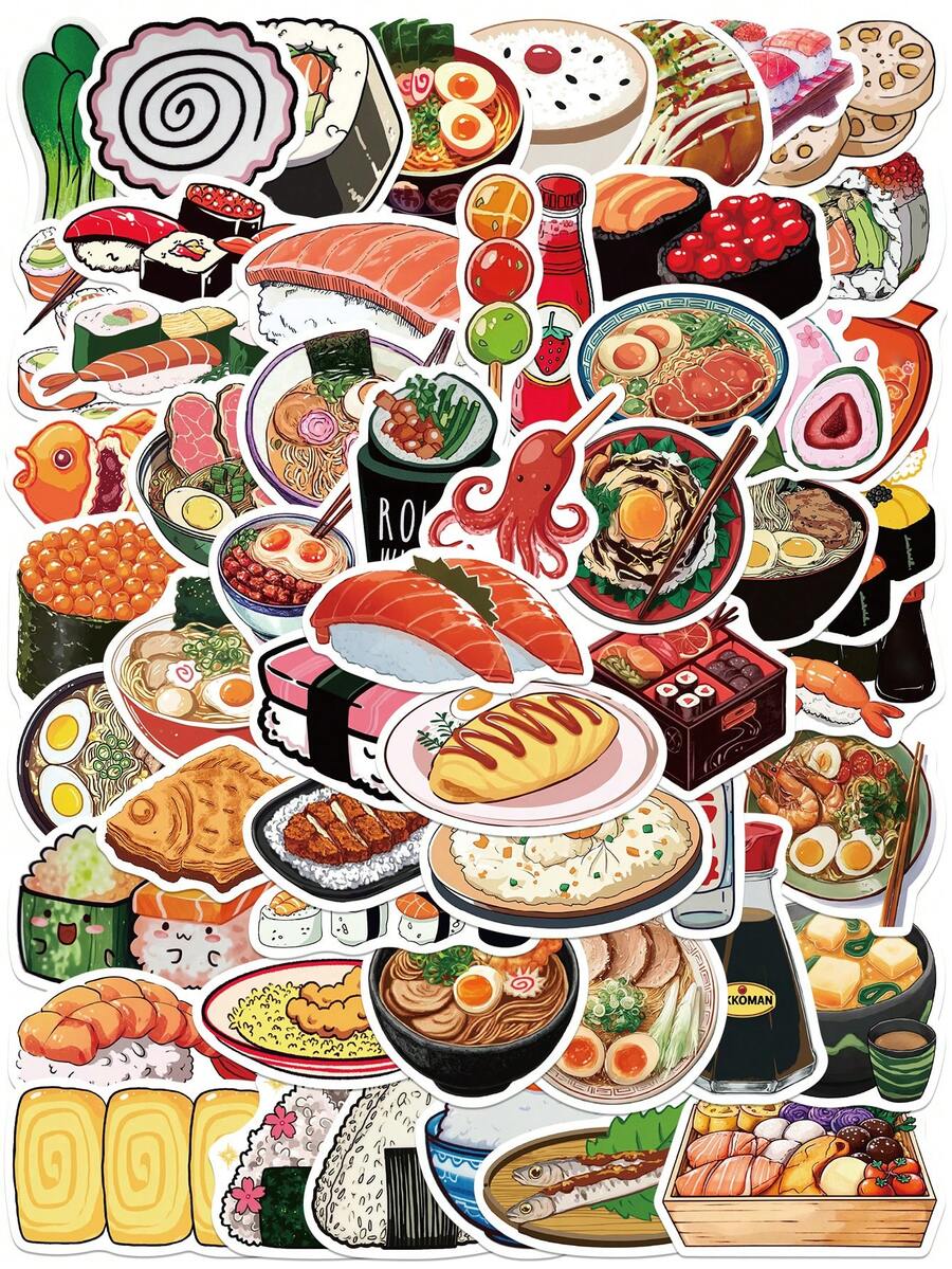 55张日式美食主题贴纸,寿司、拉面等可爱卡通图案,美味小吃装饰贴纸,适用于美食日记、相册、餐具盒、厨房墙面装饰 - 1 Set - 查看 1