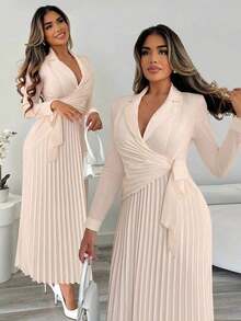 Vestido elegante de oficina y para ir al trabajo con cintura ceñida, estilo de vestido de camisa abotonada y plisada para bodas y eventos, otoño/invierno - Caqui - Ver 7