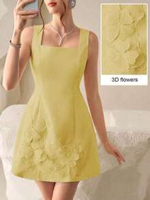 Vestido mini sexy con decoración floral 3D y cinturón a la cintura en color amarillo pálido, adecuado para citas, fiestas y ocasiones formales - Amarillo - Ver 1