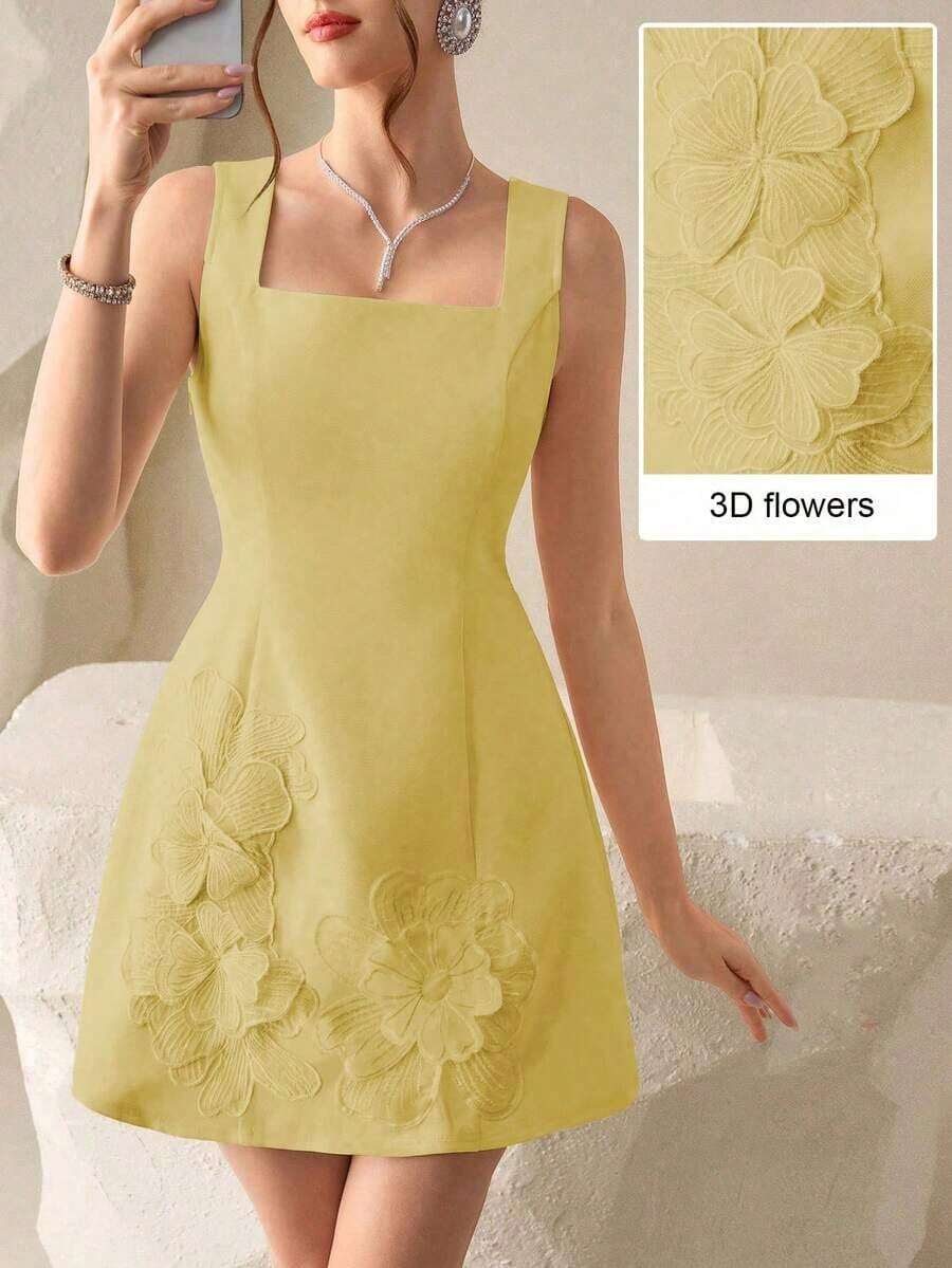 Vestido mini sexy con decoración floral 3D y cinturón a la cintura en color amarillo pálido, adecuado para citas, fiestas y ocasiones formales - Amarillo - Ver 1