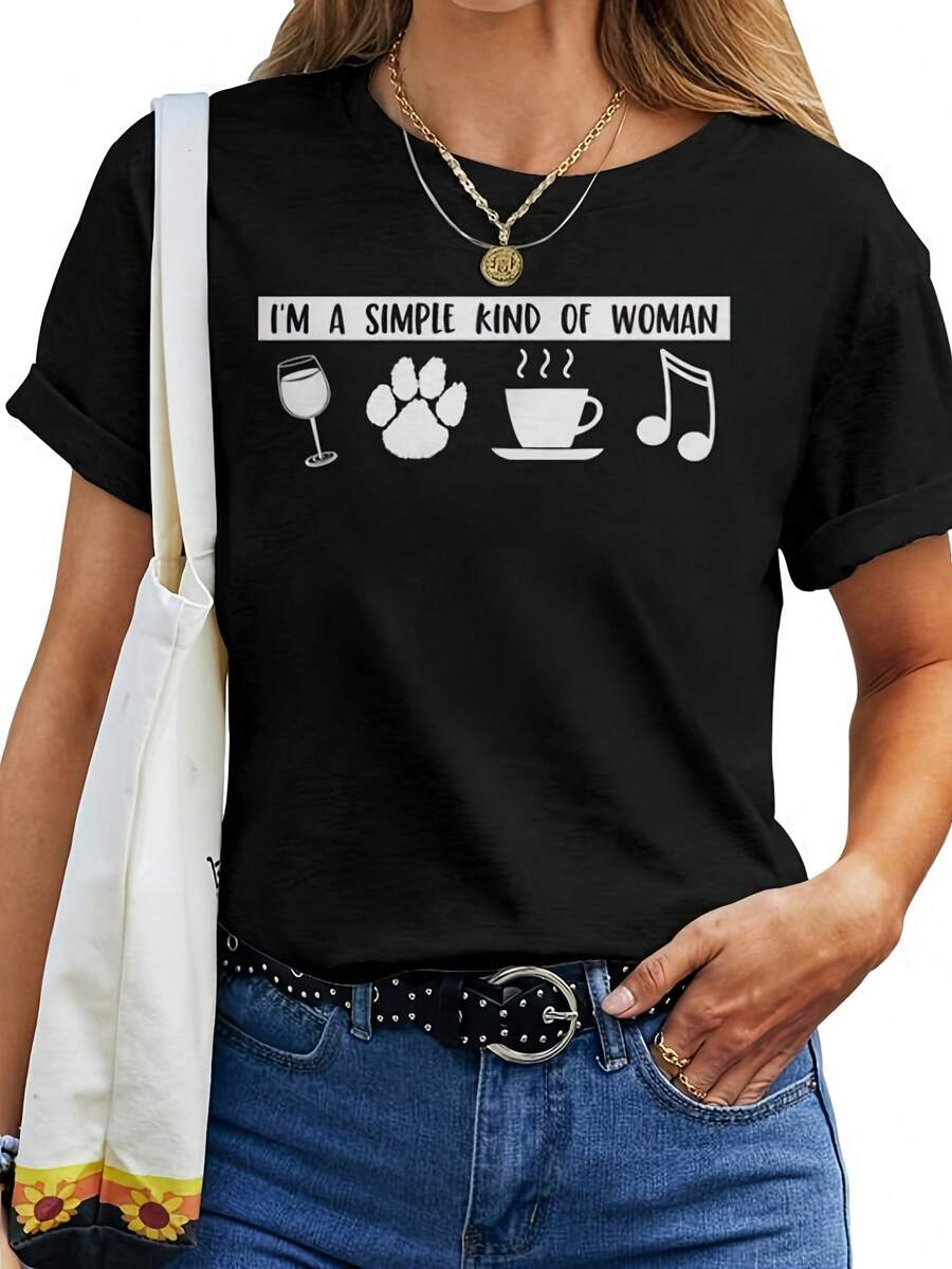 Camiseta Gráfica Y2K para Mujer - Soy un Tipo de Mujer Sencillo con Estampado de Huellas de Pata, Taza de Café, Copa de Vino y Notas Musicales - Camiseta Suave para Uso Diario - Esencial para un Atuendo Casual, Camisetas para Mujer, Ropa de Ocio, Camiseta con Estampado Divertido, Tela Elástica, Estilo de Fin de Semana, Diseño Retro, Camiseta Transpirable, Top de Manga Corta para Gimnasio, Tops para Mujer - Negro - Ver 1