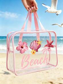 「Beach」字母印花 PVC 防水海灘包（附貝殼與海星）| 透明 PVC 托特包 | 洗漱包 | 化妝包 | 手提包 | 旅行必備 | 適合夏季海灘度假與休閒假期 | 便攜旅行化妝包 | 收納包 | 適用於度假、浴室、海灘、游泳與旅行場景 | 生日禮物、節日禮物、派對禮物、返校季與假期必備 - 彩色 - 查看 4