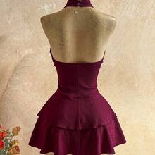 WYWH Women's Solid Color Halter Metal Decor Fashion Date Party Mini Dress - amarillo ganso - Ver 3