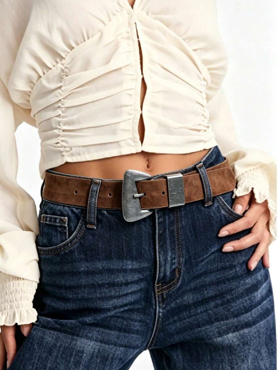 1pc Boho Belt, Western Belt, Women's Brown Leather Belt, Renaissance Fair Suede Brown Wide Waist Belt, Vintage Distressed Silver Buckle Western Belt, Suitable For Jeans, Trousers, Coats, Daily Commute, Casual Outing, Party, Music Festival - Brown - View 1