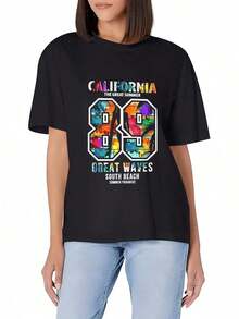 Camiseta de manga corta con cuello redondo, estampado floral, corte holgado, de tela suave, para mujer, estilo casual urbano. - Negro - Ver 4