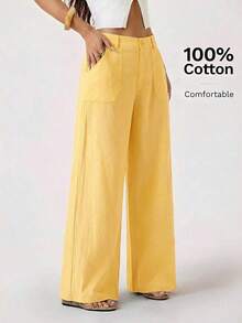 PETITE Pantalones rectos de cintura baja de 100% algodón lavado - amarillo ganso - Ver 1
