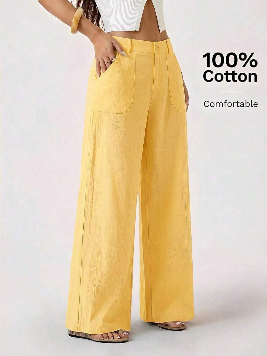 PETITE Pantalones rectos de cintura baja de 100% algodón lavado - amarillo ganso - Ver 1