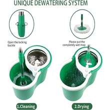Hand Free Household Mop And Bucket With Wringer Set,Operable 360 ° Rotating Mop Bucket Set With 3 Microfiber Replacement Head And Stainless Steel 56" Extended Handle For Office And Home Use(Green - B - Xem 4