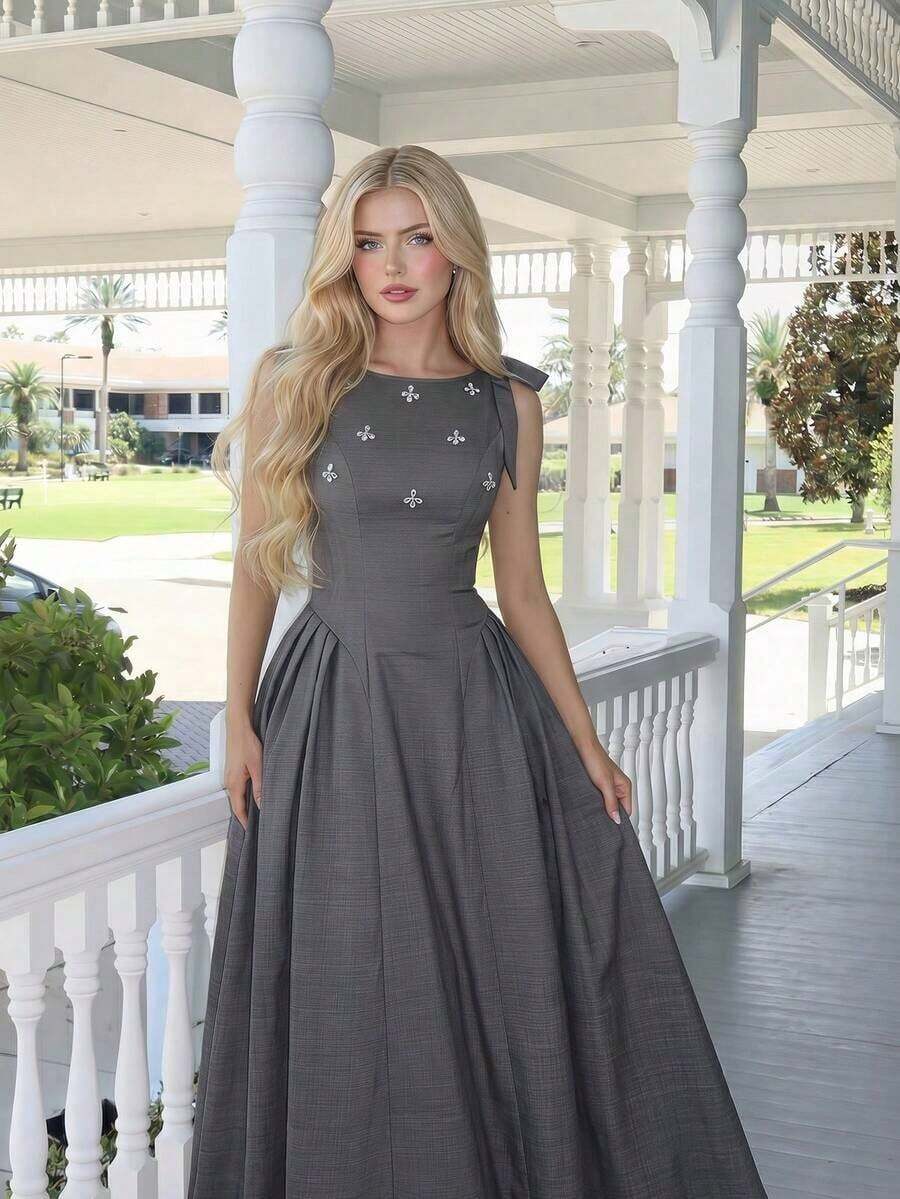 Vestido color albaricoque con cuello redondo, sin mangas, con ribete de contraste, lazo decorativo en la cintura y bajo acampanado - Gris 2 - Ver 1