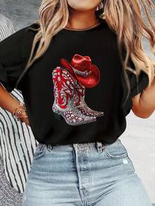Botas de Vaquero con Diamantes de Imitación Rojos, Estampado Western para Baile Country y Fiesta, Camiseta de Cuello Redondo para Uso Casual, Manga Corta, Tejido Ligero para Todas las Estaciones, Camiseta Casual de Manga Corta a la Moda, Color Sólido, Corte Entallado y Elegante (Corte Hoado, Consulte el Tamaño) - Negro - Ver 2