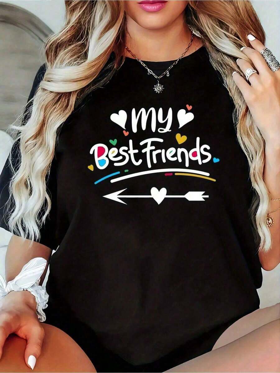 Women's Elegant Cotton T-Shirt With Geometric Print, Casual, Round Neck And Short Sleeves, Machine Washable, 100% Cotton. Women's Blouses/Shirt - 黑色 - 查看 1