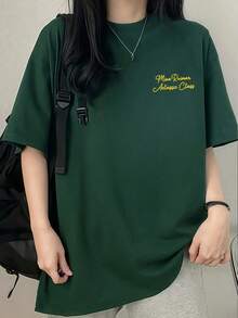 新款夏季 Z 世代 Y2K 风格女式印花圆领短袖 T 恤 - 墨綠色 - 查看 4